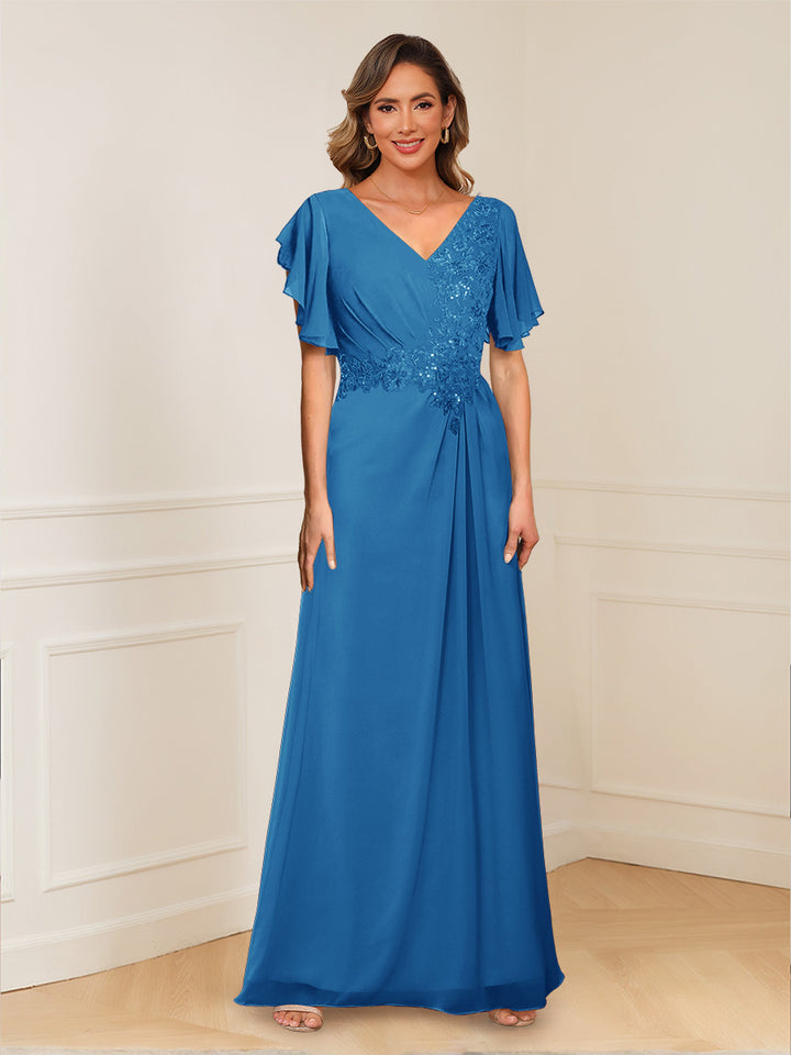 A-Line/Princess V-Neck Short Sleeves Appliques Ruched Mother of the Bride Dresses
