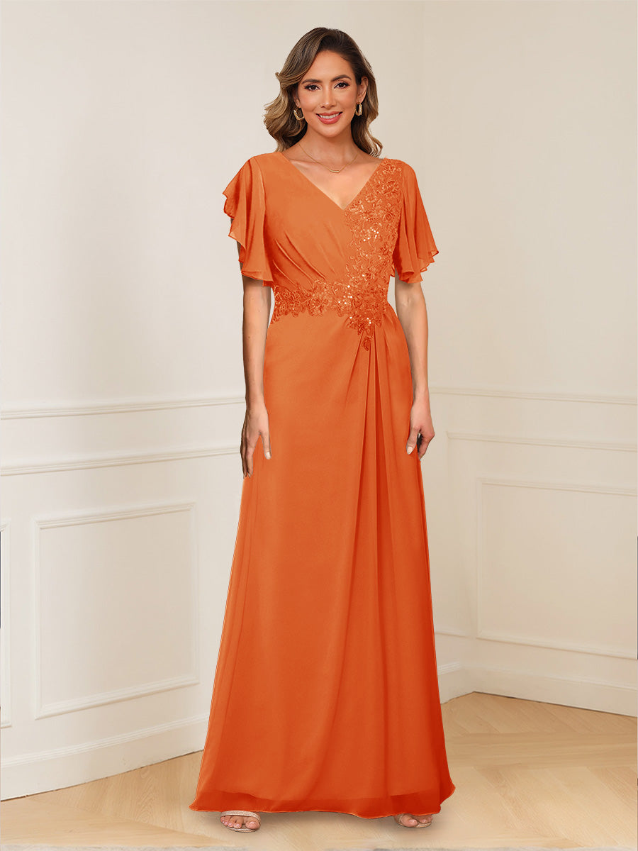 A-Line/Princess V-Neck Short Sleeves Appliques Ruched Mother of the Bride Dresses