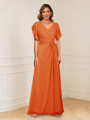 A-Line/Princess V-Neck Short Sleeves Appliques Ruched Mother of the Bride Dresses