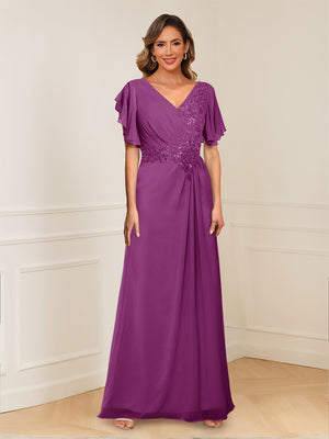 A-Line/Princess V-Neck Short Sleeves Appliques Ruched Mother of the Bride Dresses