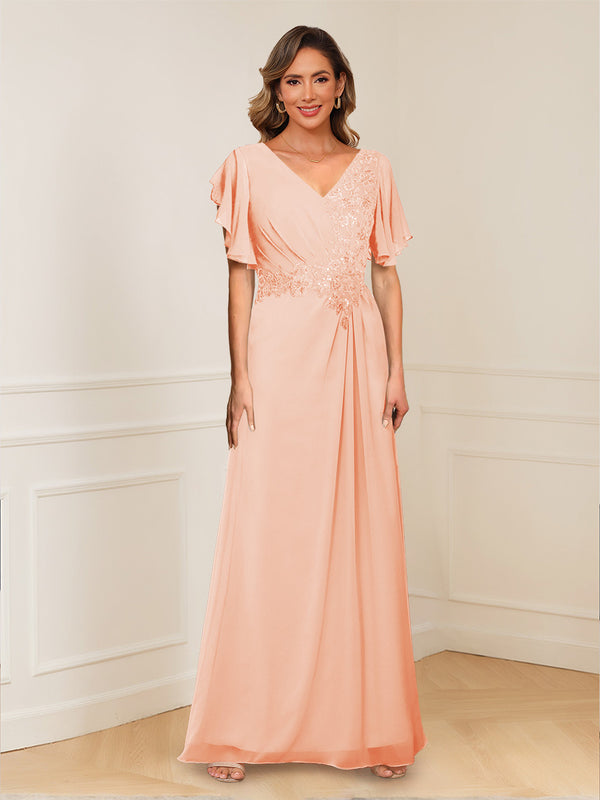 A-Line/Princess V-Neck Short Sleeves Appliques Ruched Mother of the Bride Dresses