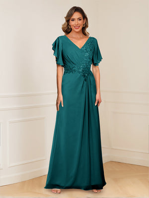 A-Line/Princess V-Neck Short Sleeves Appliques Ruched Mother of the Bride Dresses