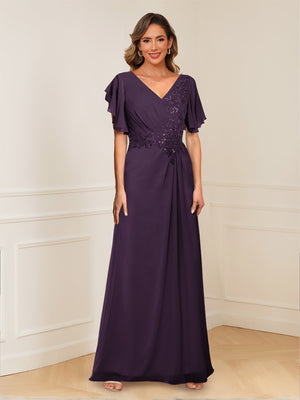 A-Line/Princess V-Neck Short Sleeves Appliques Ruched Mother of the Bride Dresses