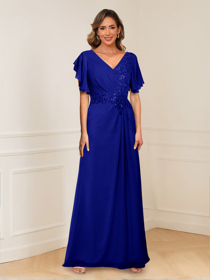 A-Line/Princess V-Neck Short Sleeves Appliques Ruched Mother of the Bride Dresses