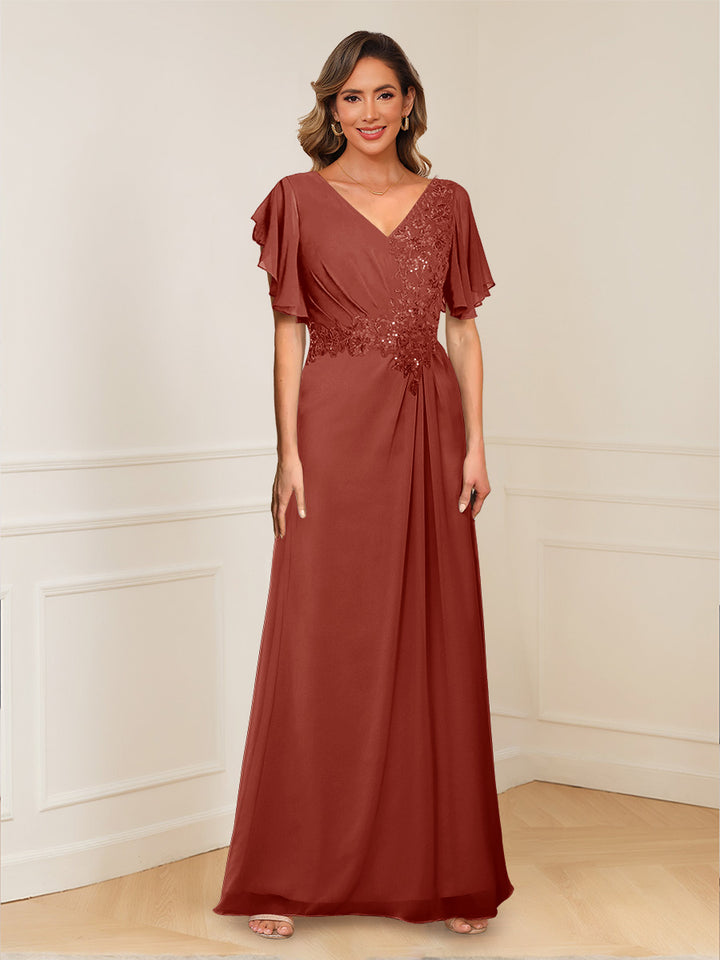 A-Line/Princess V-Neck Short Sleeves Appliques Ruched Mother of the Bride Dresses