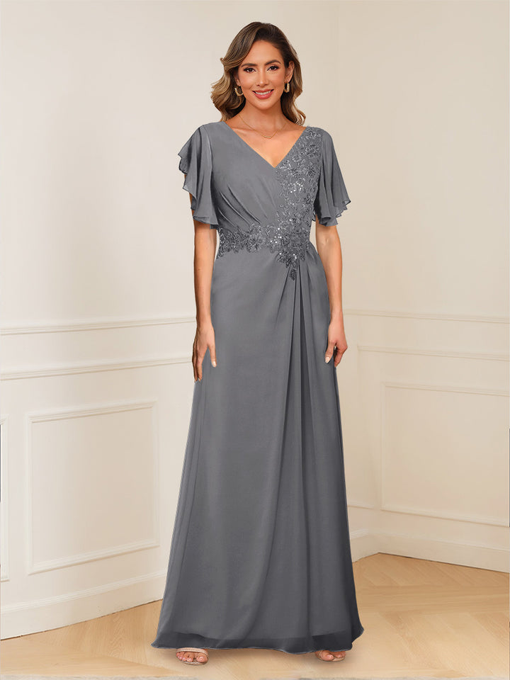 A-Line/Princess V-Neck Short Sleeves Appliques Ruched Mother of the Bride Dresses
