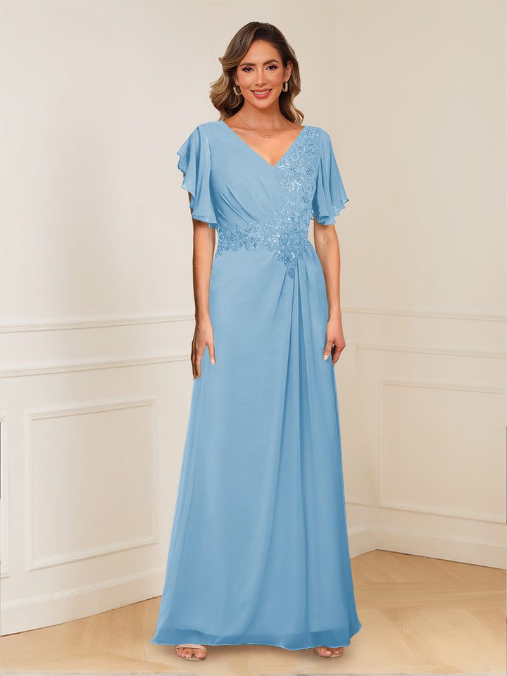 A-Line/Princess V-Neck Short Sleeves Appliques Ruched Mother of the Bride Dresses