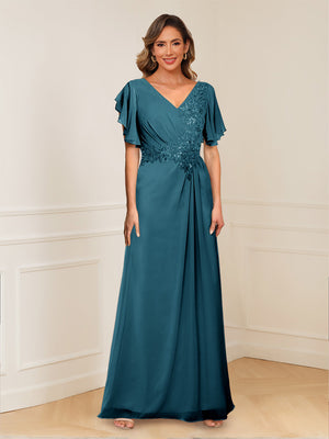 A-Line/Princess V-Neck Short Sleeves Appliques Ruched Mother of the Bride Dresses