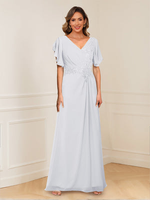 A-Line/Princess V-Neck Short Sleeves Appliques Ruched Mother of the Bride Dresses