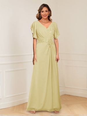 A-Line/Princess V-Neck Short Sleeves Appliques Ruched Mother of the Bride Dresses