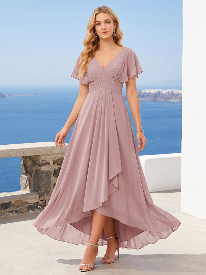 A-Line/Princess V-Neck Short Sleeves Asymmetrical Chiffon Bridesmaid Dresses with Ruffles &amp; Ruched