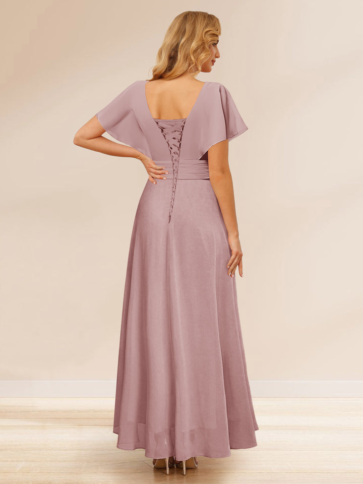A-Line/Princess V-Neck Short Sleeves Asymmetrical Chiffon Bridesmaid Dresses with Ruffles &amp; Ruched