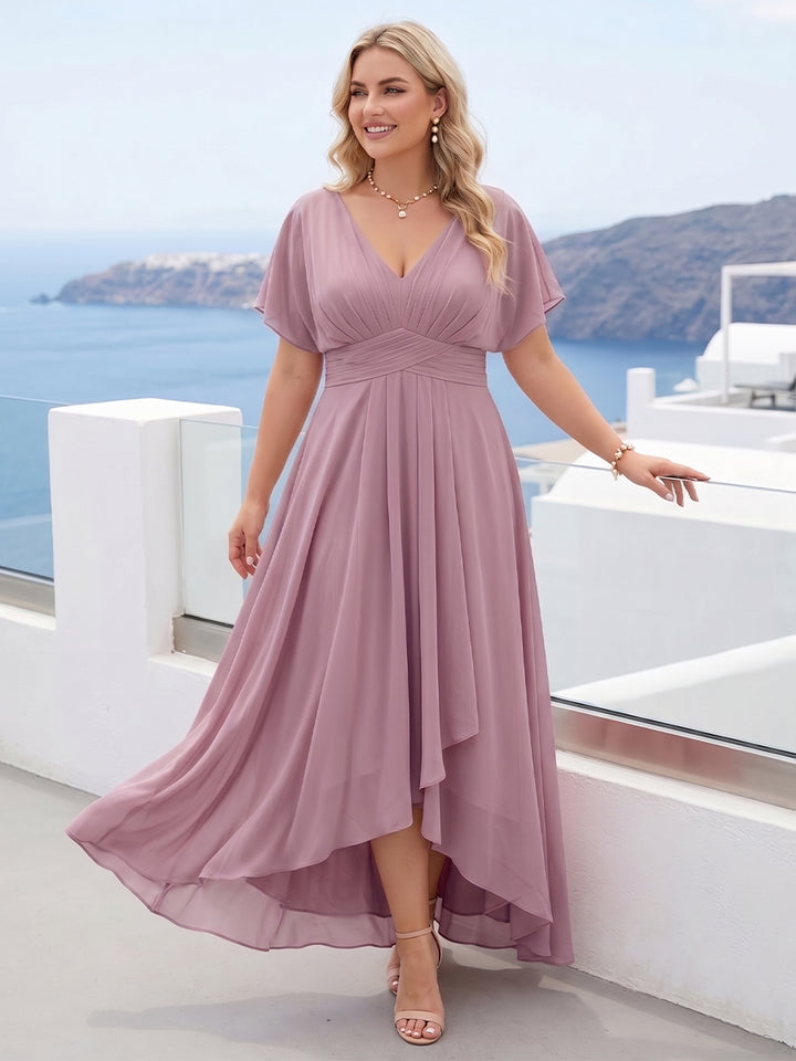 A-Line/Princess V-Neck Short Sleeves Asymmetrical Chiffon Plus Size Bridesmaid Dresses with Ruffles &amp; Ruched