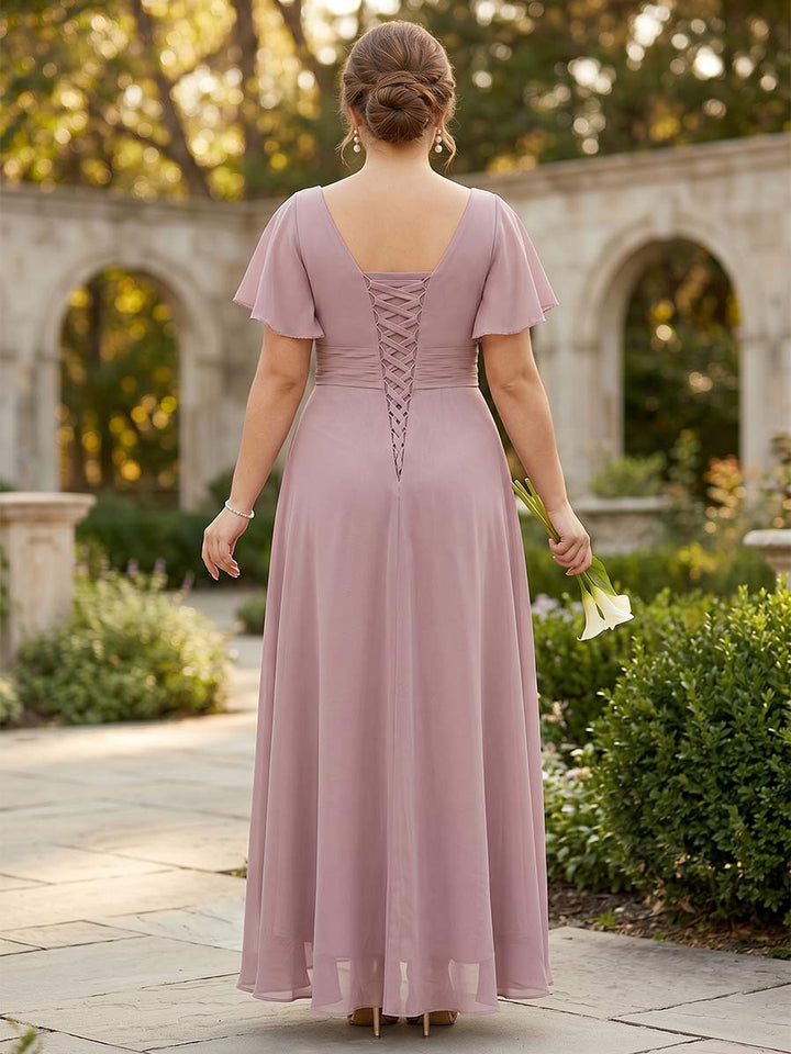 A-Line/Princess V-Neck Short Sleeves Asymmetrical Chiffon Plus Size Bridesmaid Dresses with Ruffles &amp; Ruched