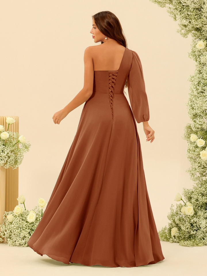 A-Line/Princess One-Shoulder Long Bridesmaid Dresses with Split Side