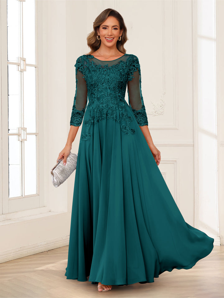 A-Line/Princess Scoop 3/4 Sleeves Chiffon Mother of the Bride Dresses with Applique