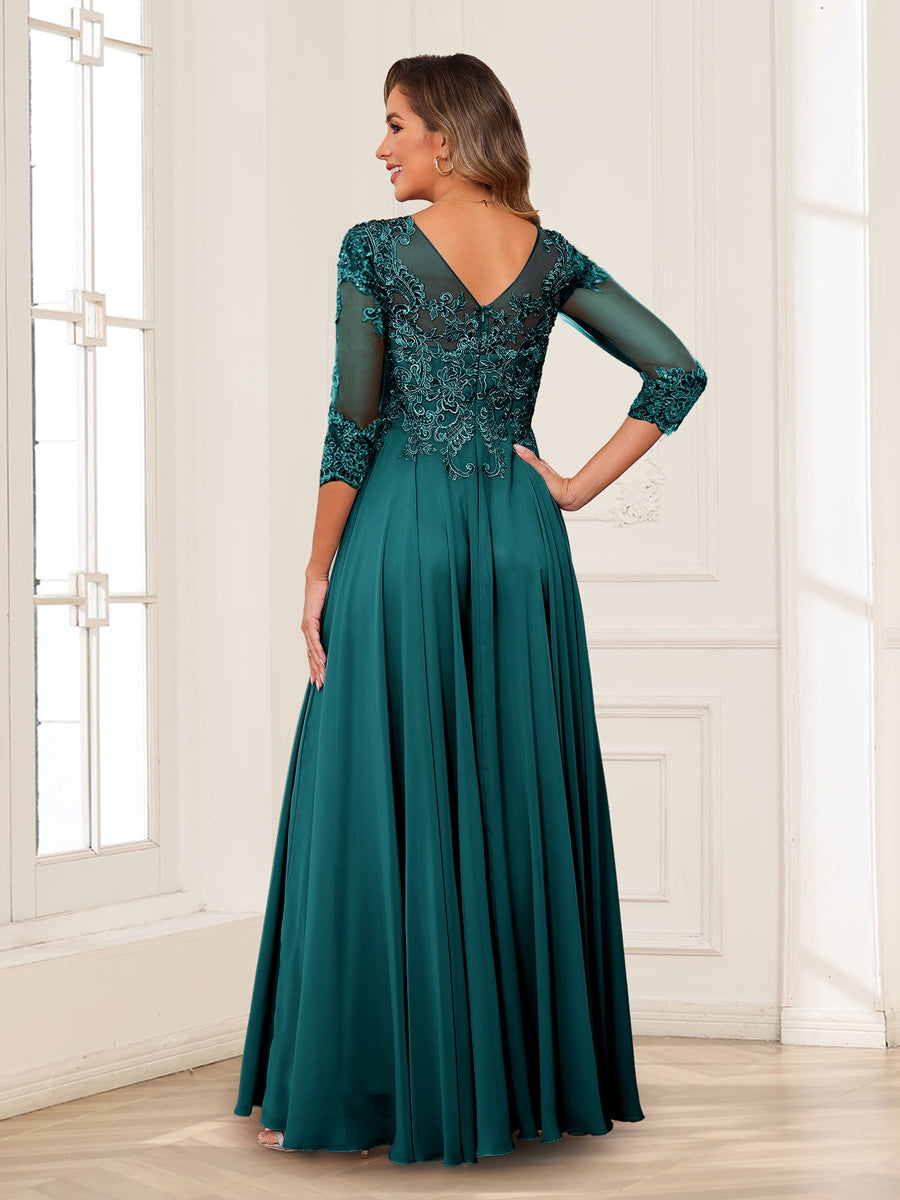 A-Line/Princess Scoop 3/4 Sleeves Chiffon Mother of the Bride Dresses with Applique