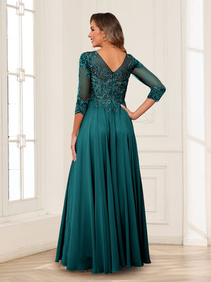 A-Line/Princess Scoop Long Sleeves Chiffon Mother of the Bride Dresses with Applique