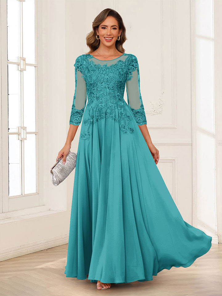 A-Line/Princess Scoop 3/4 Sleeves Chiffon Mother of the Bride Dresses with Applique