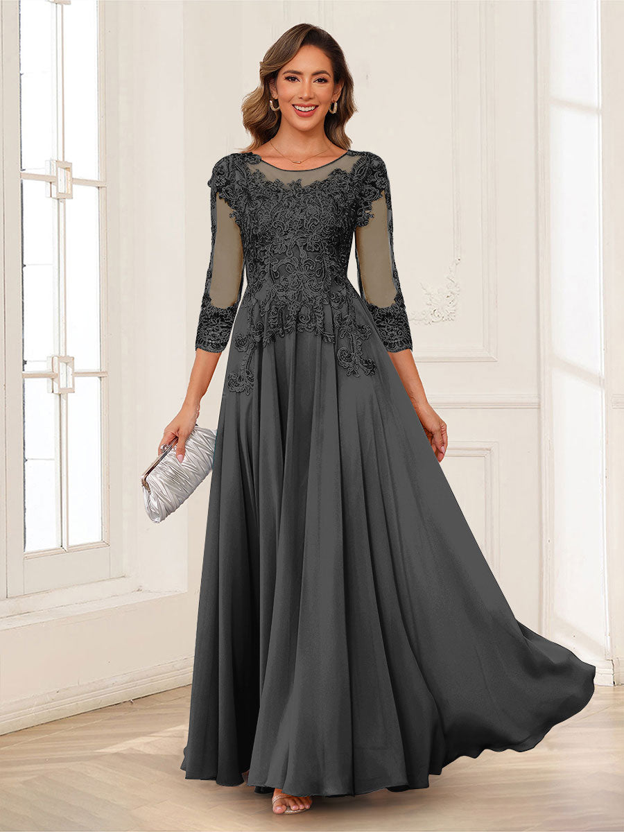 A-Line/Princess Scoop 3/4 Sleeves Chiffon Mother of the Bride Dresses with Applique