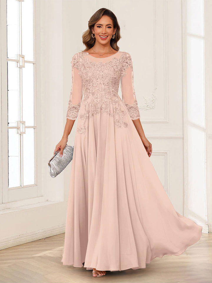 A-Line/Princess Scoop 3/4 Sleeves Chiffon Mother of the Bride Dresses with Applique