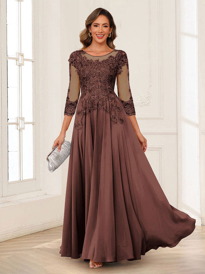 A-Line/Princess Scoop 3/4 Sleeves Chiffon Mother of the Bride Dresses with Applique