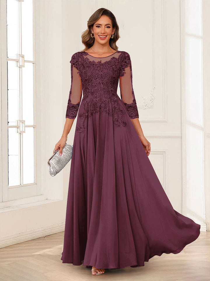 A-Line/Princess Scoop 3/4 Sleeves Chiffon Mother of the Bride Dresses with Applique
