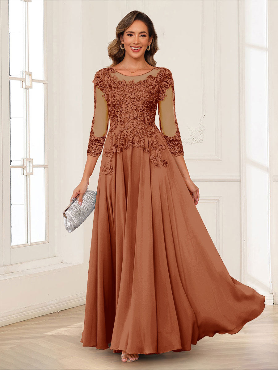 Lavetir Rust A-Line/Princess Scoop 3/4 Sleeves Chiffon Mother of the Bride Dresses with Applique 2026