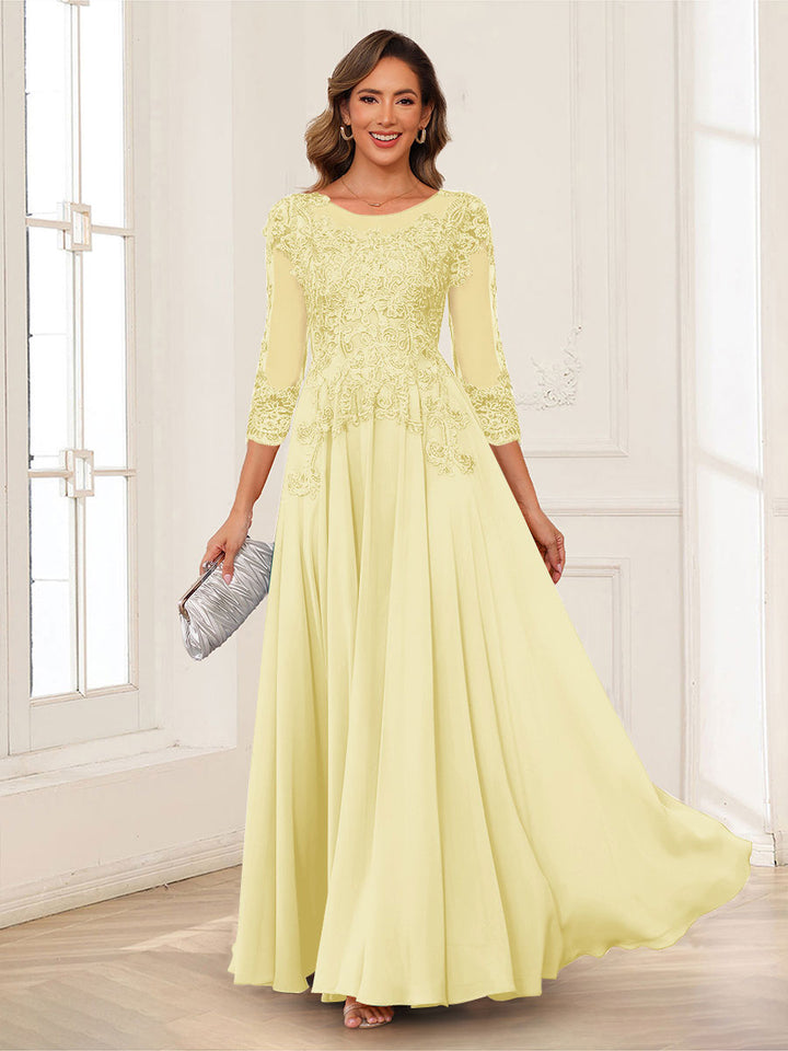 A-Line/Princess Scoop 3/4 Sleeves Chiffon Mother of the Bride Dresses with Applique