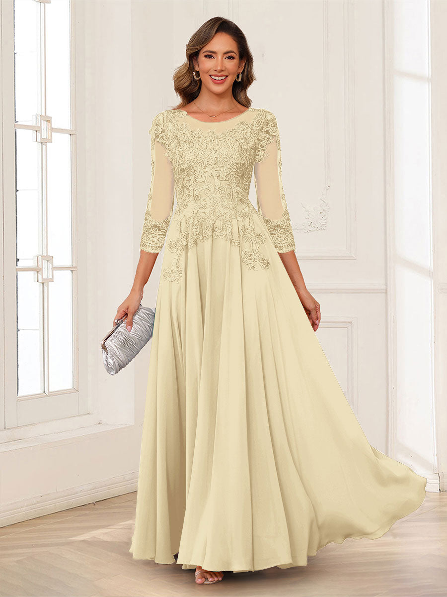 A-Line/Princess Scoop 3/4 Sleeves Chiffon Mother of the Bride Dresses with Applique