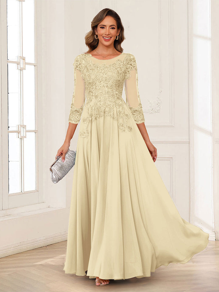 A-Line/Princess Scoop 3/4 Sleeves Chiffon Mother of the Bride Dresses with Applique