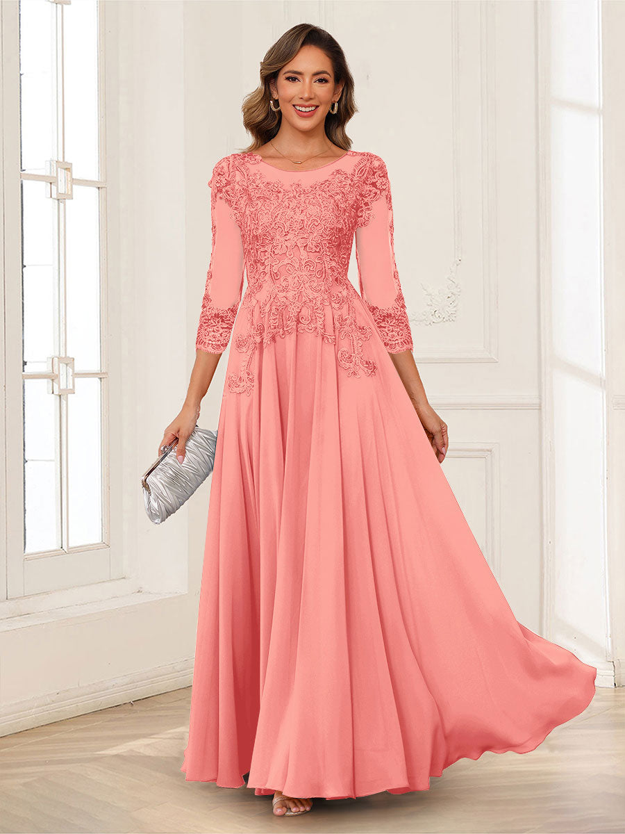A-Line/Princess Scoop 3/4 Sleeves Chiffon Mother of the Bride Dresses with Applique