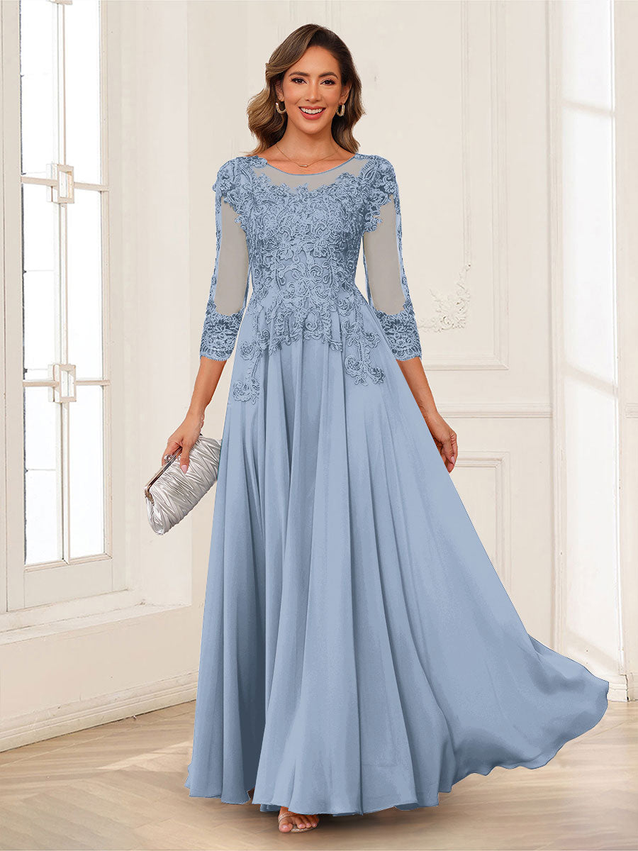A-Line/Princess Scoop 3/4 Sleeves Chiffon Mother of the Bride Dresses with Applique