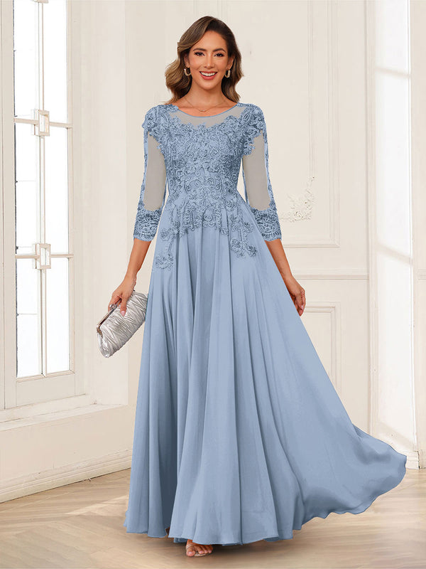 A-Line/Princess Scoop 3/4 Sleeves Chiffon Mother of the Bride Dresses with Applique