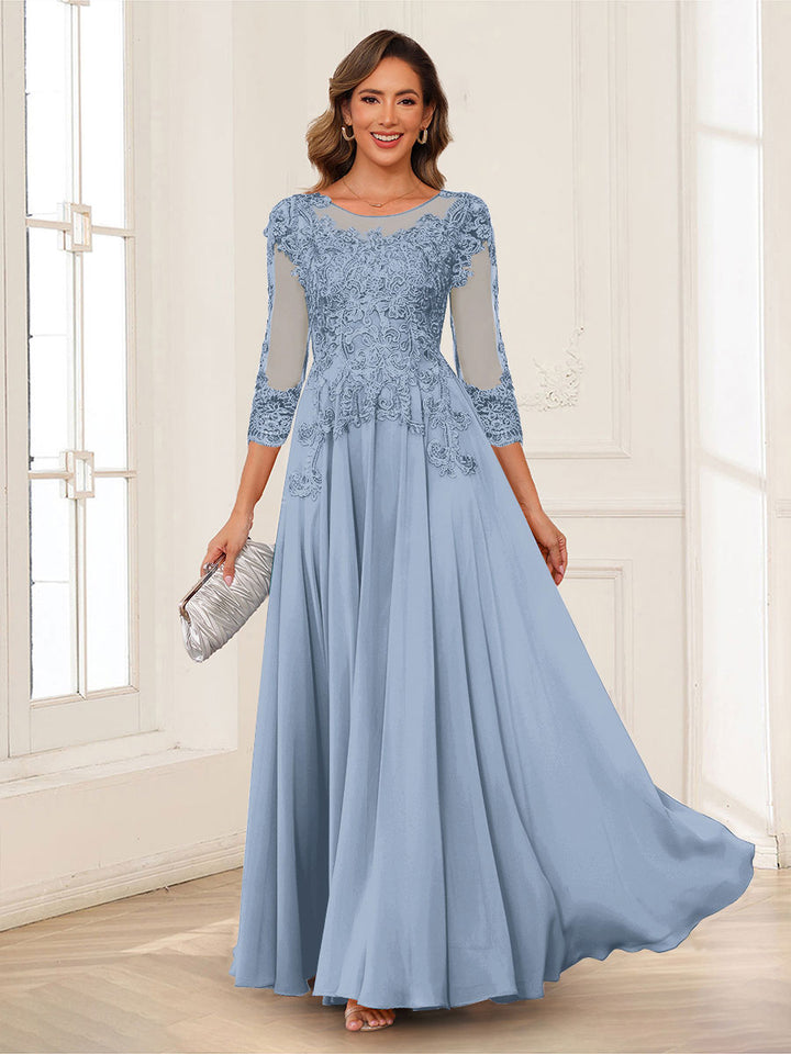 A-Line/Princess Scoop 3/4 Sleeves Chiffon Mother of the Bride Dresses with Applique