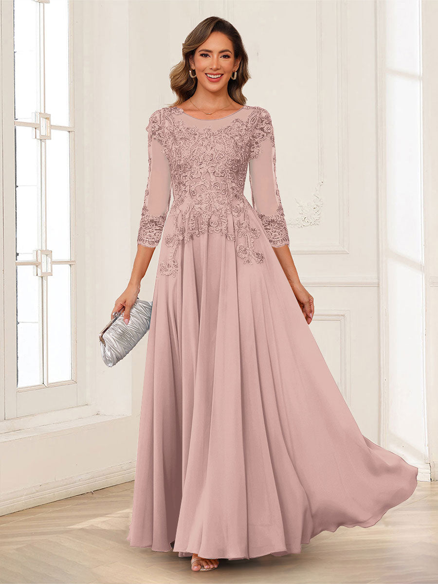 A-Line/Princess Scoop 3/4 Sleeves Chiffon Mother of the Bride Dresses with Applique