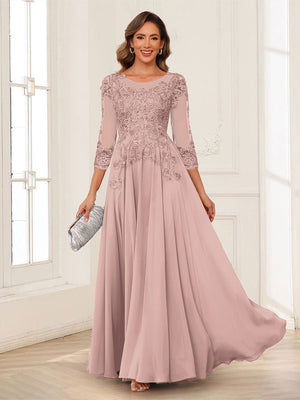 A-Line/Princess Scoop 3/4 Sleeves Chiffon Mother of the Bride Dresses with Applique