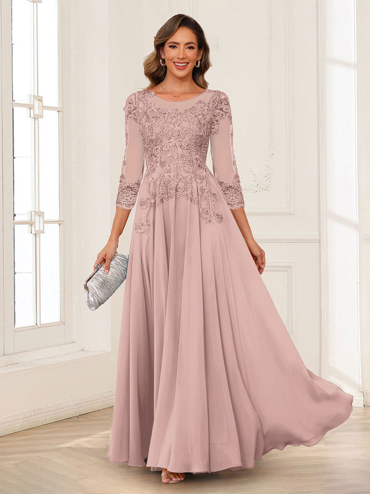 A-Line/Princess Scoop 3/4 Sleeves Chiffon Mother of the Bride Dresses with Applique