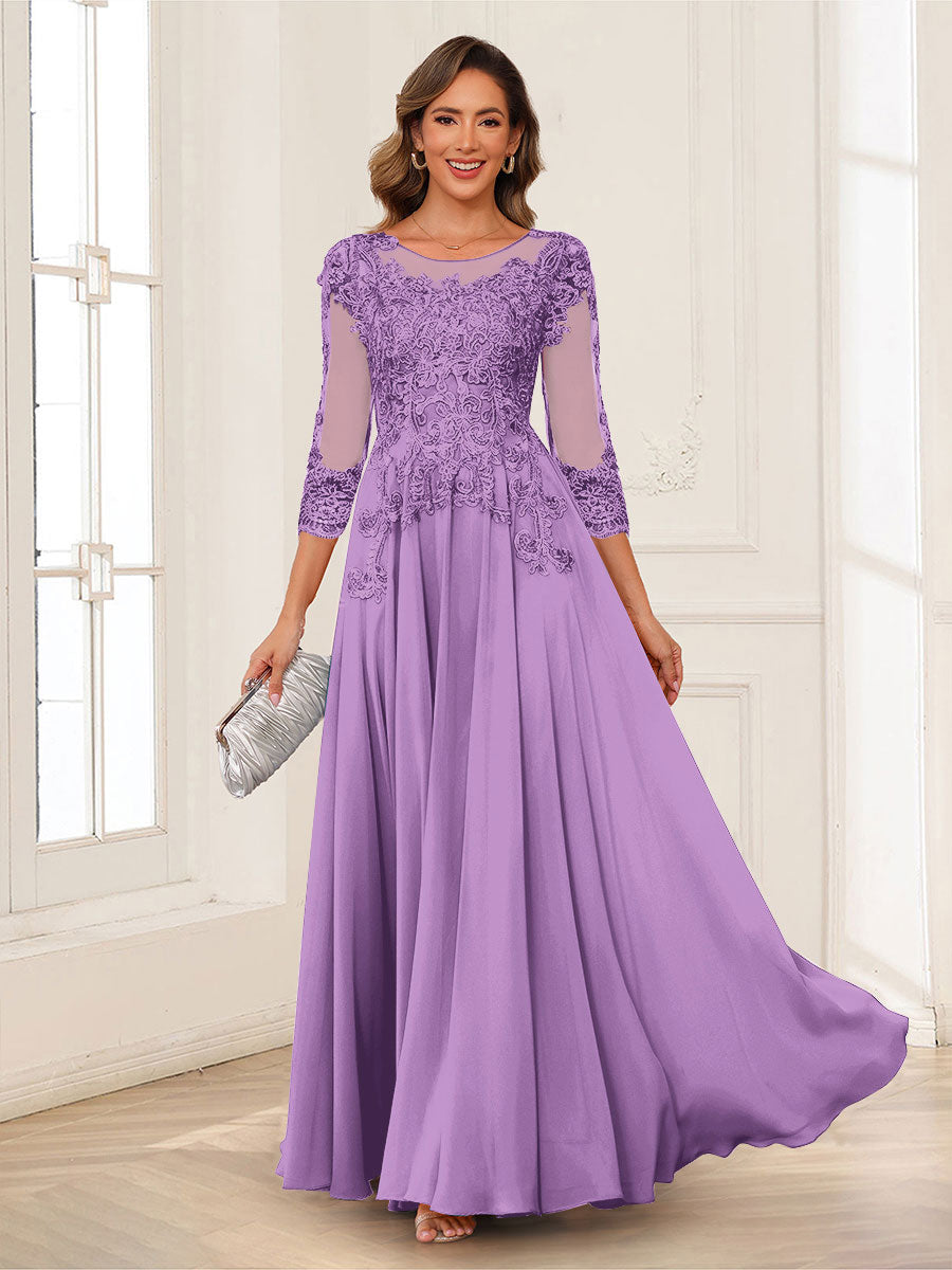 A-Line/Princess Scoop 3/4 Sleeves Chiffon Mother of the Bride Dresses with Applique