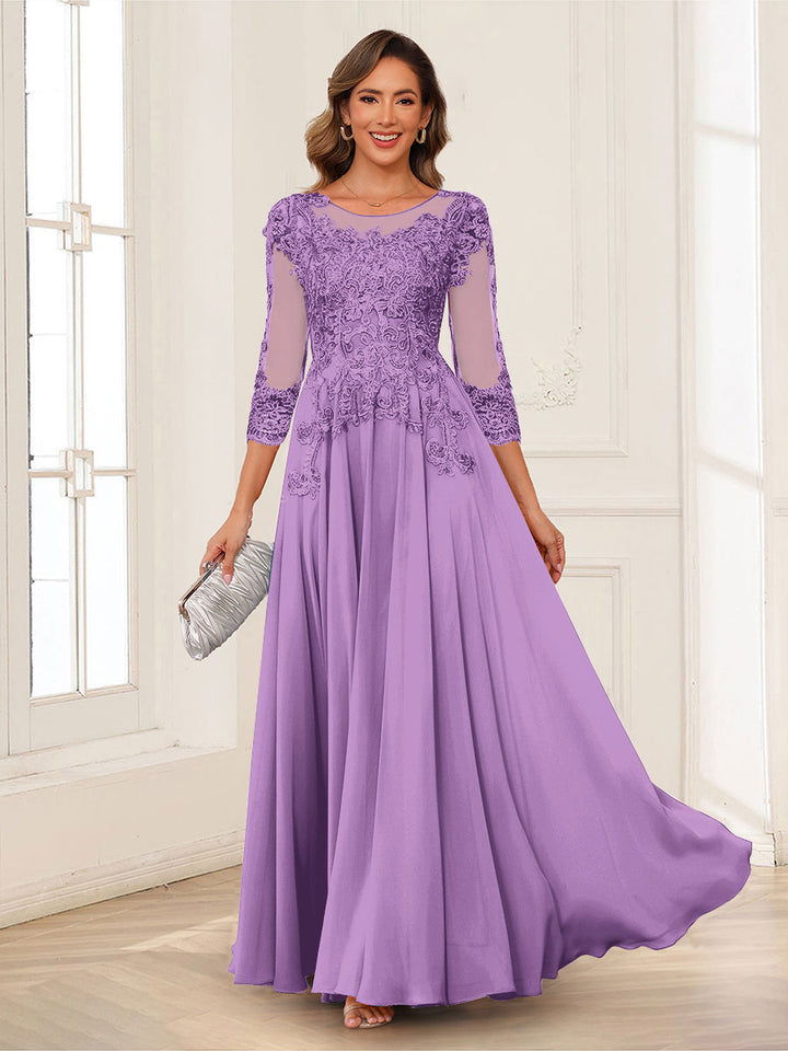 A-Line/Princess Scoop 3/4 Sleeves Chiffon Mother of the Bride Dresses with Applique