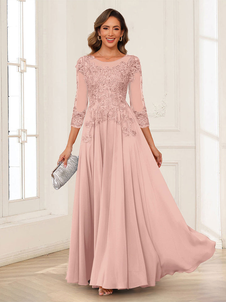 A-Line/Princess Scoop 3/4 Sleeves Chiffon Mother of the Bride Dresses with Applique