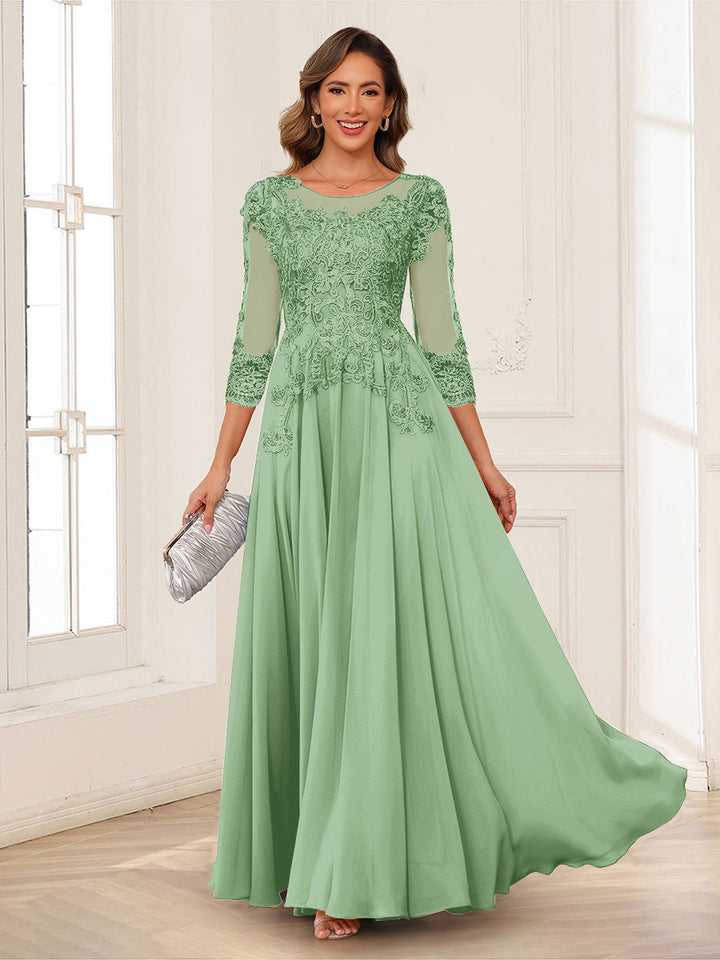 A-Line/Princess Scoop 3/4 Sleeves Chiffon Mother of the Bride Dresses with Applique