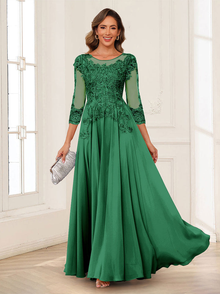 A-Line/Princess Scoop 3/4 Sleeves Chiffon Mother of the Bride Dresses with Applique