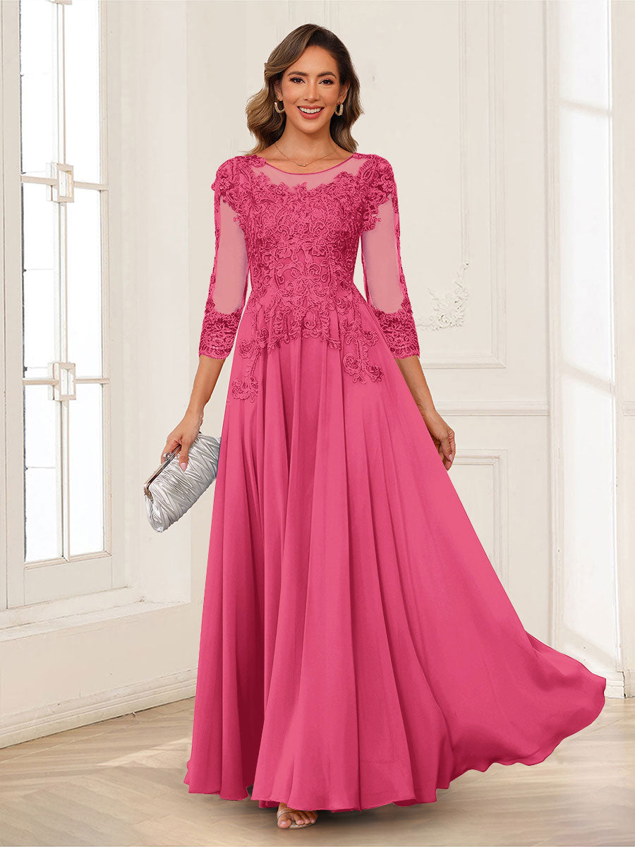 A-Line/Princess Scoop 3/4 Sleeves Chiffon Mother of the Bride Dresses with Applique