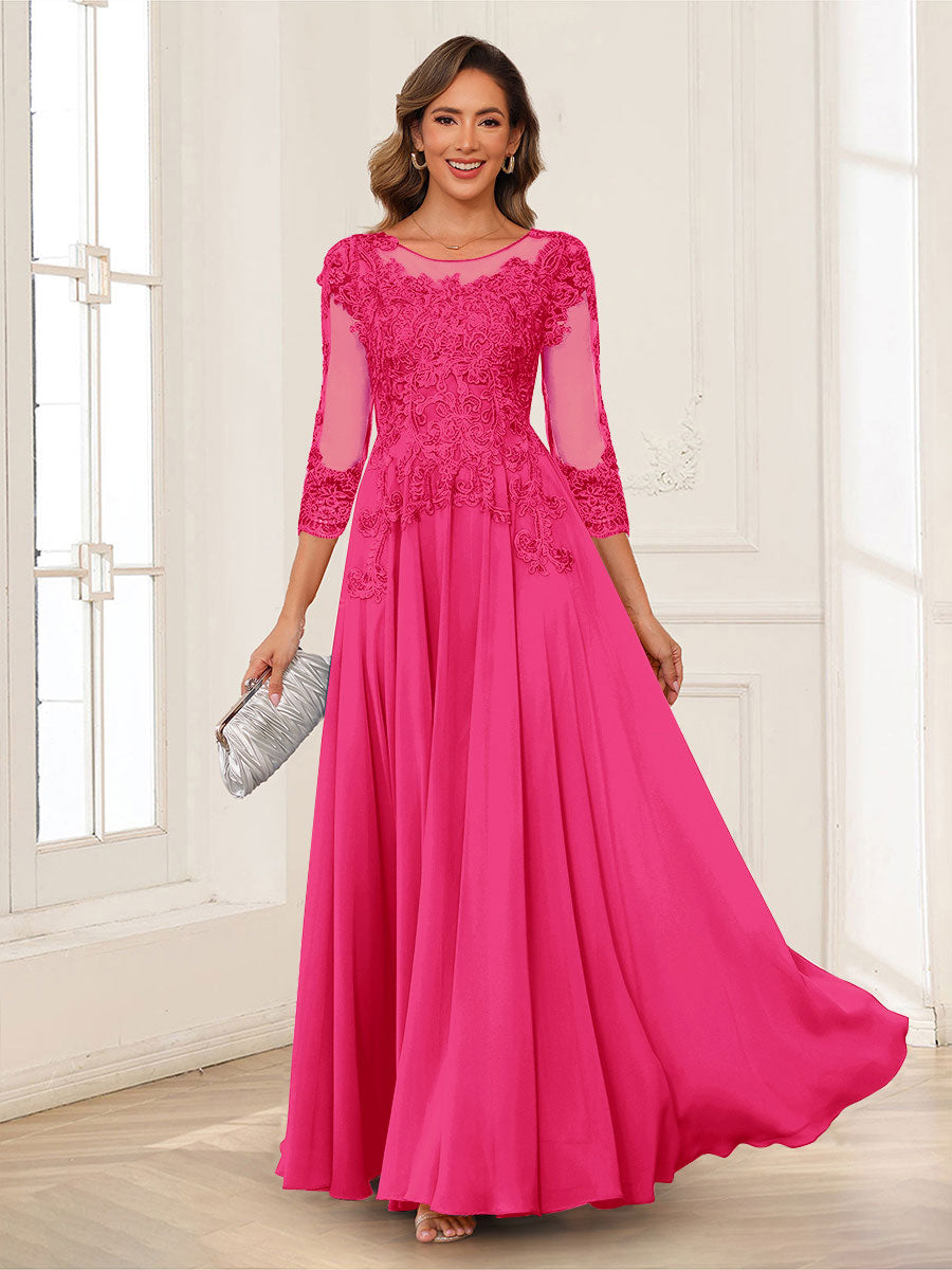 A-Line/Princess Scoop 3/4 Sleeves Chiffon Mother of the Bride Dresses with Applique