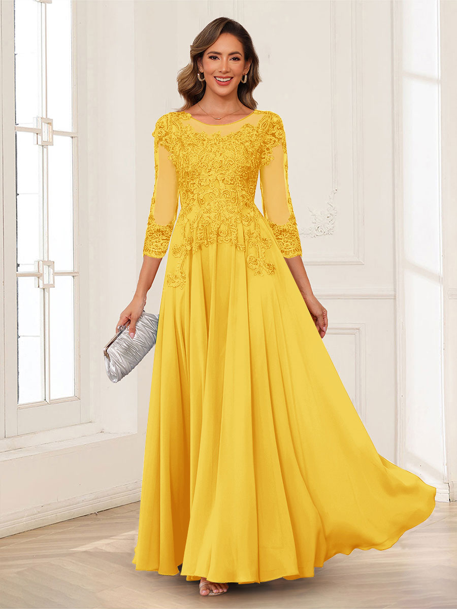 A-Line/Princess Scoop 3/4 Sleeves Chiffon Mother of the Bride Dresses with Applique