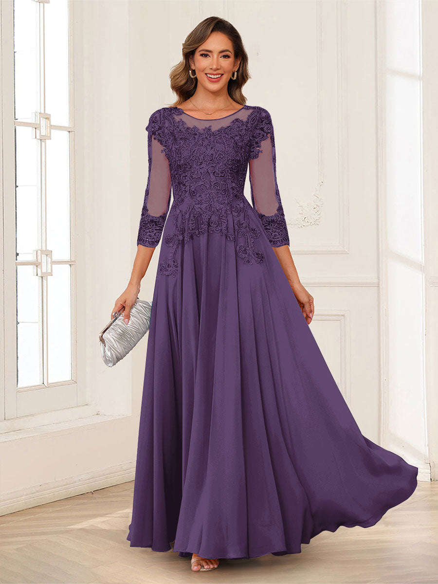 A-Line/Princess Scoop 3/4 Sleeves Chiffon Mother of the Bride Dresses with Applique