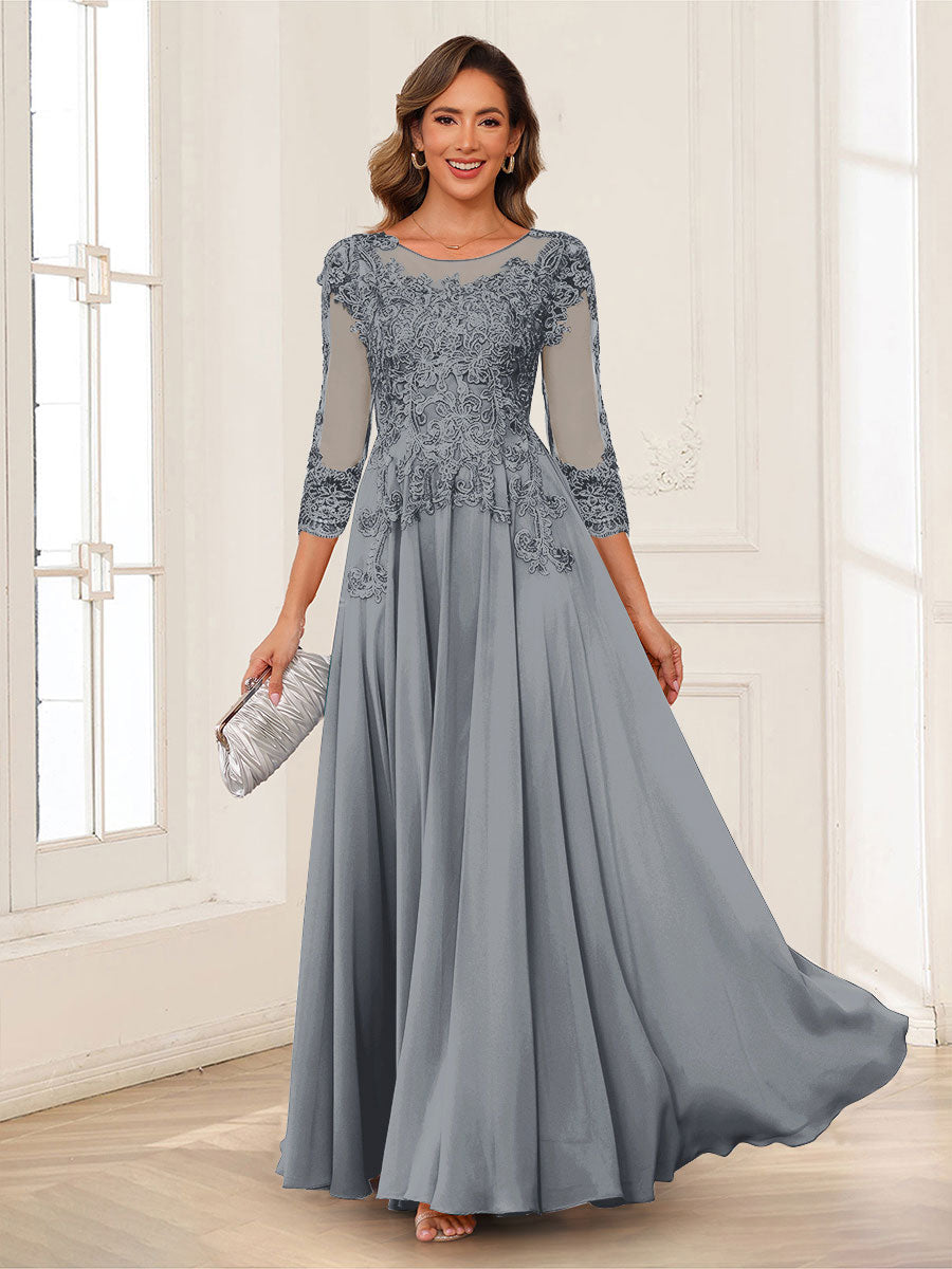 A-Line/Princess Scoop 3/4 Sleeves Chiffon Mother of the Bride Dresses with Applique