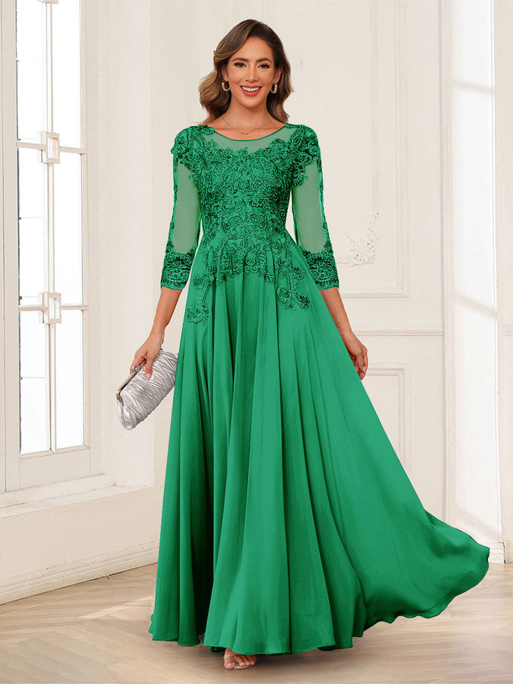 A-Line/Princess Scoop 3/4 Sleeves Chiffon Mother of the Bride Dresses with Applique