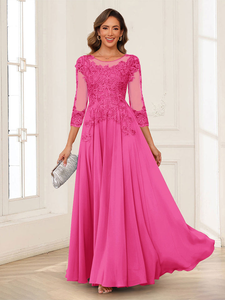 A-Line/Princess Scoop 3/4 Sleeves Chiffon Mother of the Bride Dresses with Applique
